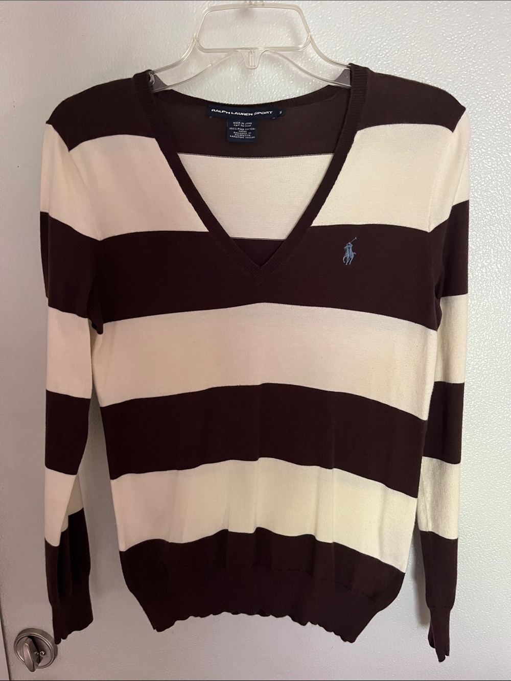 Ralph Lauren Brown & Cream Striped V-Neck Sweater